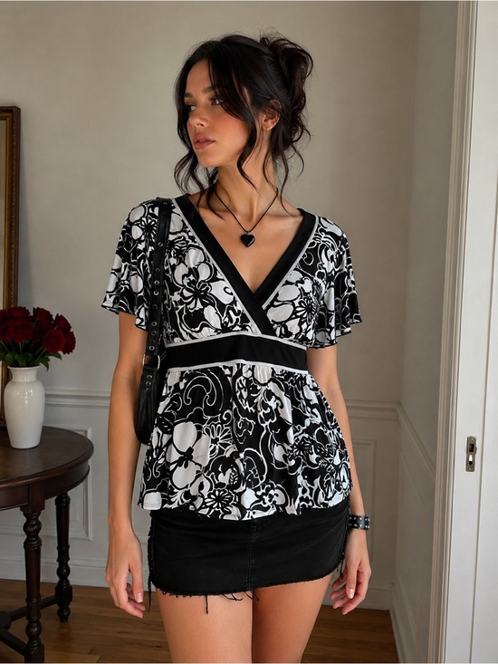 AB Studio Tops - AB Studio Black White Floral Empire Waist Babydoll Top Large Boho Y2K